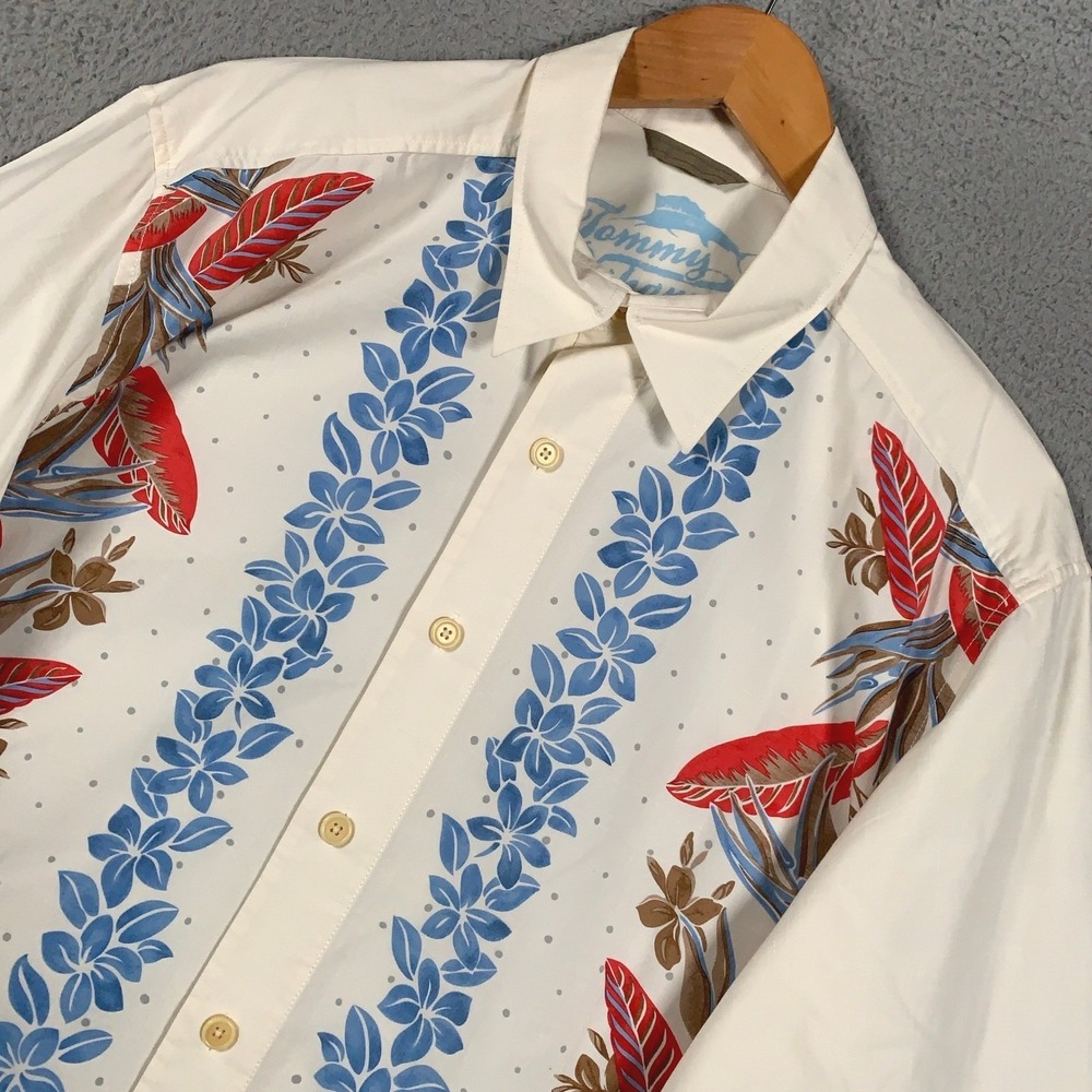 Tommy Bahama Silk Blend Shirt Mens Large Cream Button Down Tropical Floral Panel